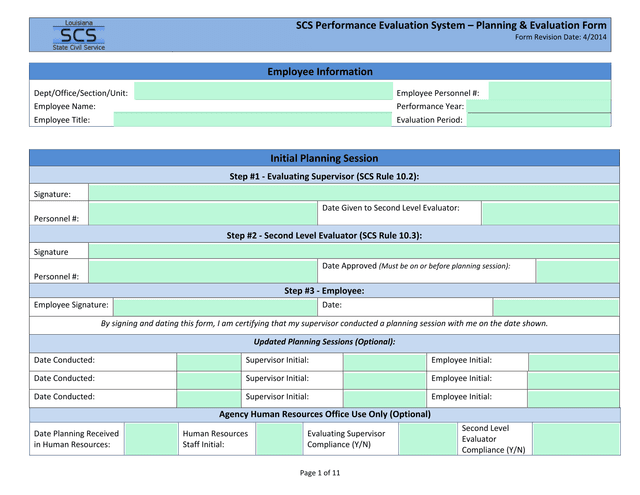 SCS Performance Evaluation System  Planning  Evaluation Form screenshot