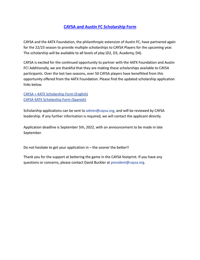 CAYSA And Austin FC Scholarship Form screenshot