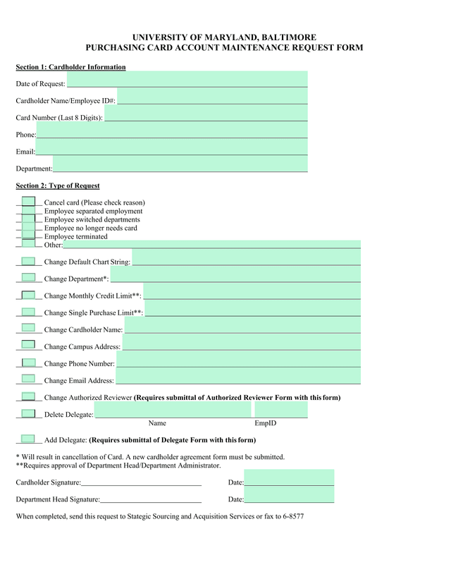 Purchasing Card Account Maintenance Request Form screenshot