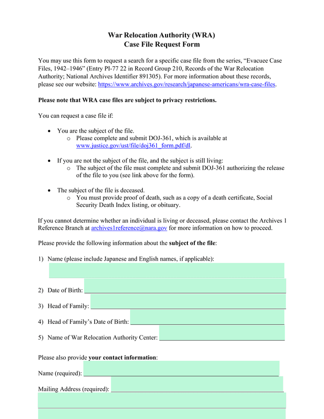 War Relocation Authority (WRA) Case File Request Form screenshot
