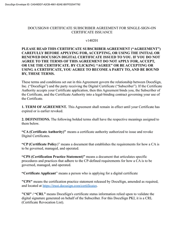 DocuSign Certificate Subscriber Agreement For Single Sign On Certificate Issuance screenshot