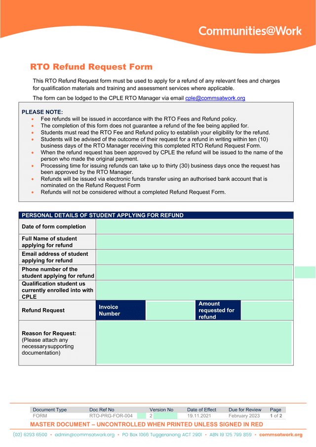 RTO Refund Request Form screenshot