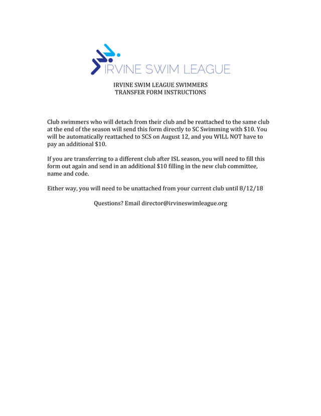 Irvine Swim League Swimmers Transfer Form screenshot