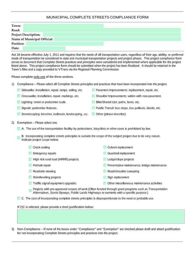 Municipal Complete Streets Compliance Form screenshot