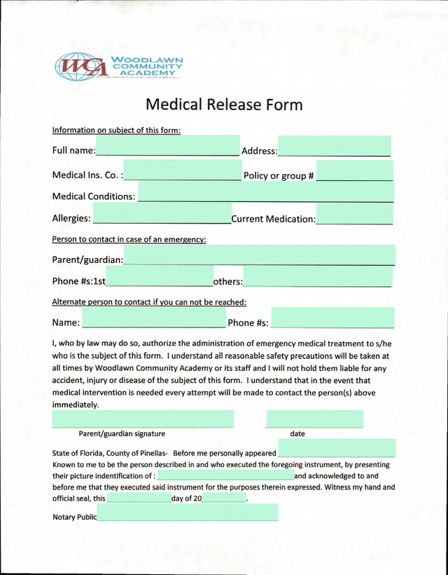 Waal Community Academy Medical Release Form screenshot