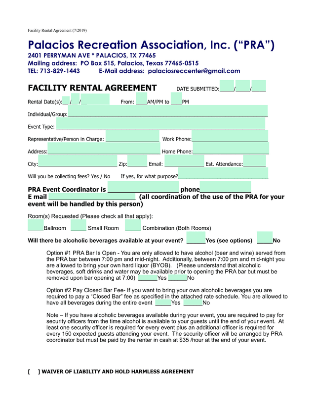 Facility Rental Agreement (72019) screenshot