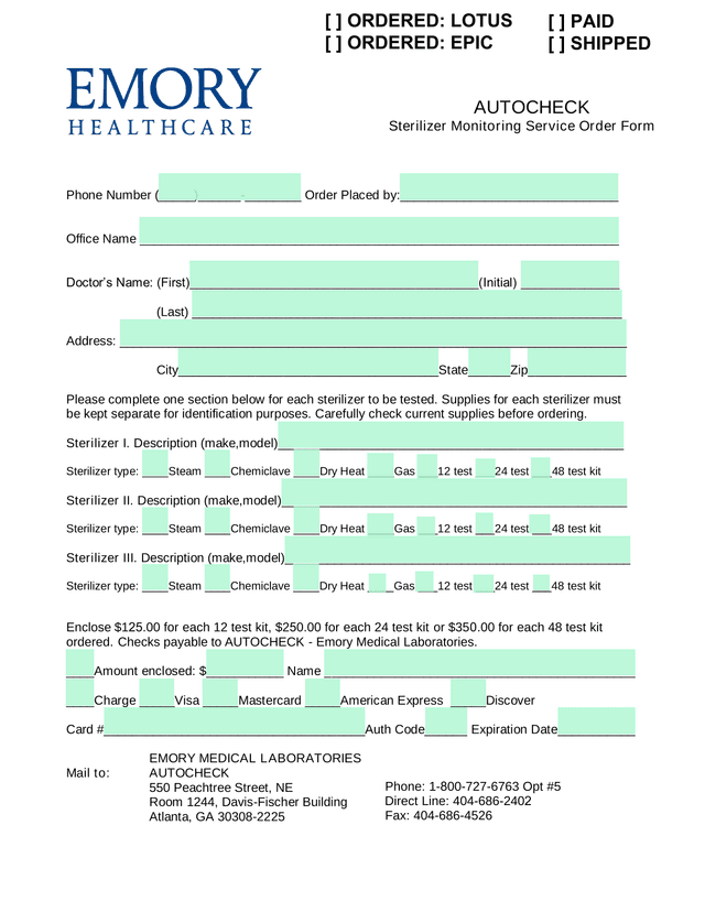Sterilizer Monitoring Service Order Form screenshot