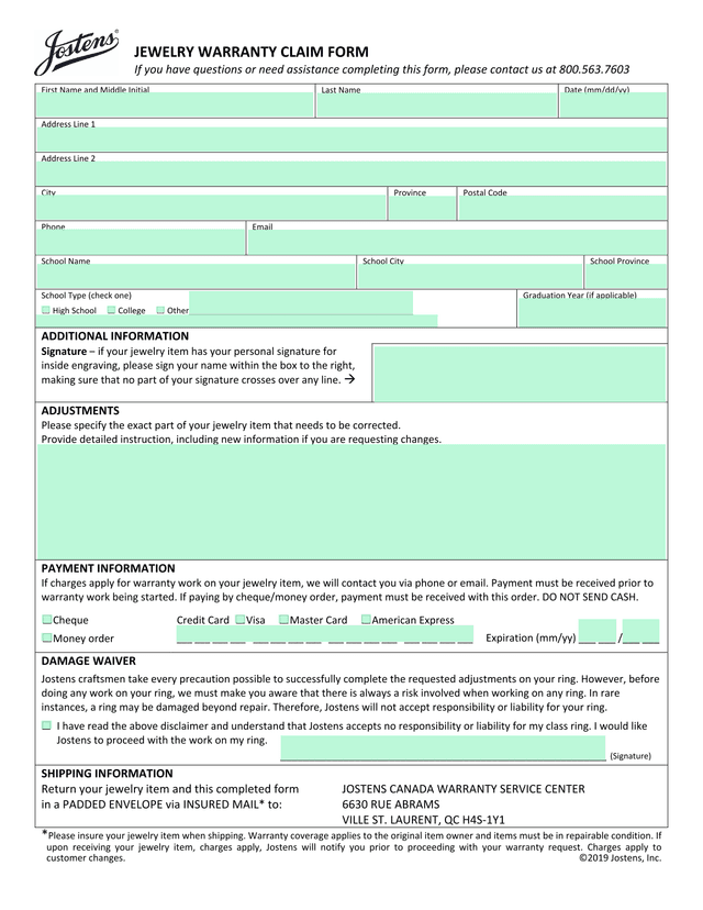 Jewelry Warranty Claim Form screenshot