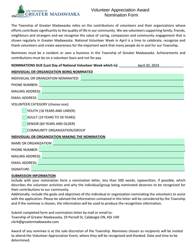 Volunteer Appreciation Award Nomination Form screenshot
