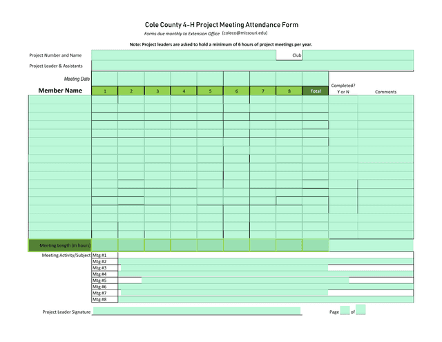 Cole County 4 H Project Meeting Attendance Form screenshot