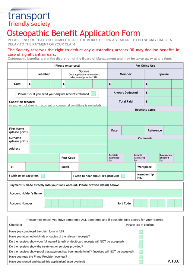 Osteopathic Benefit Application Form screenshot