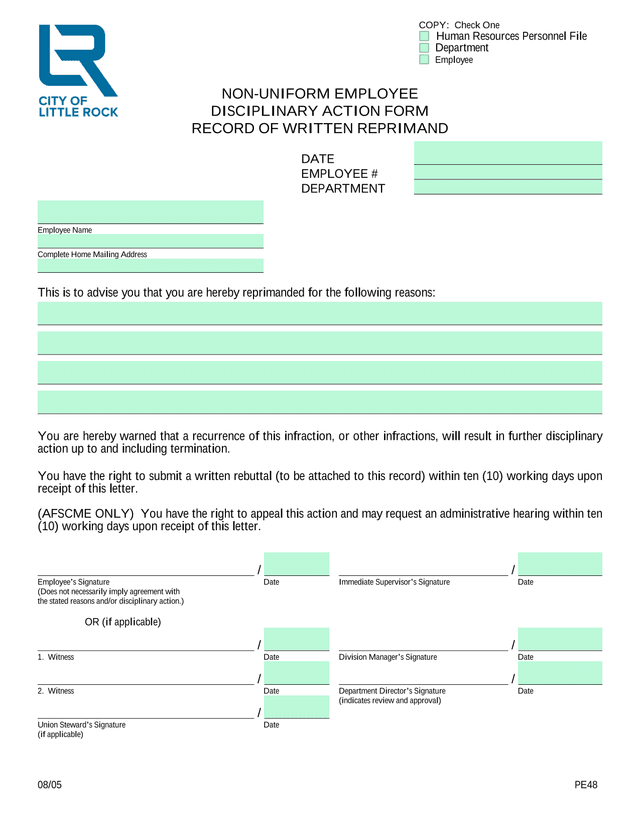 NON UNIFORM EMPLOYEE DISCIPLINARY ACTION FORM screenshot