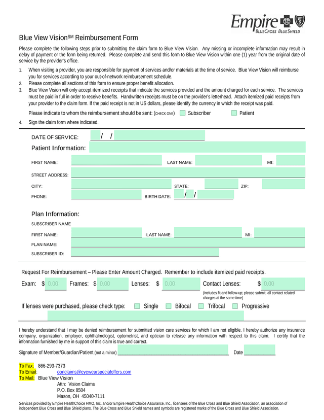 Blue View VisionSM Reimbursement Form screenshot