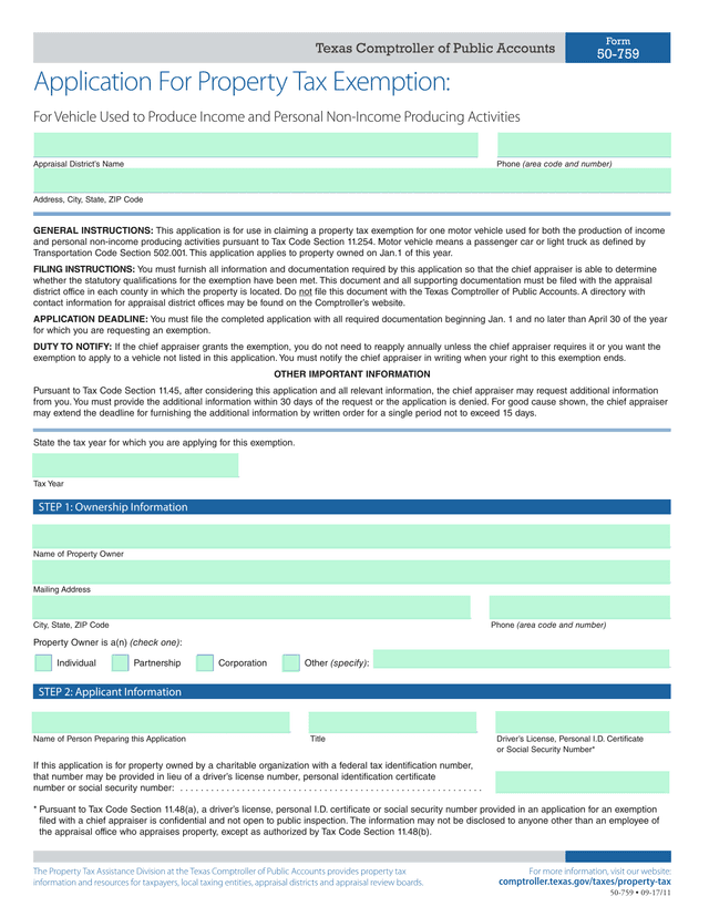 Application For Property Tax Exemption For Vehicle Used To Produce Income And Personal Non Income Pr screenshot