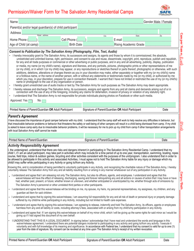 PermissionWaiver Form For The Salvation Army Residential Camps screenshot