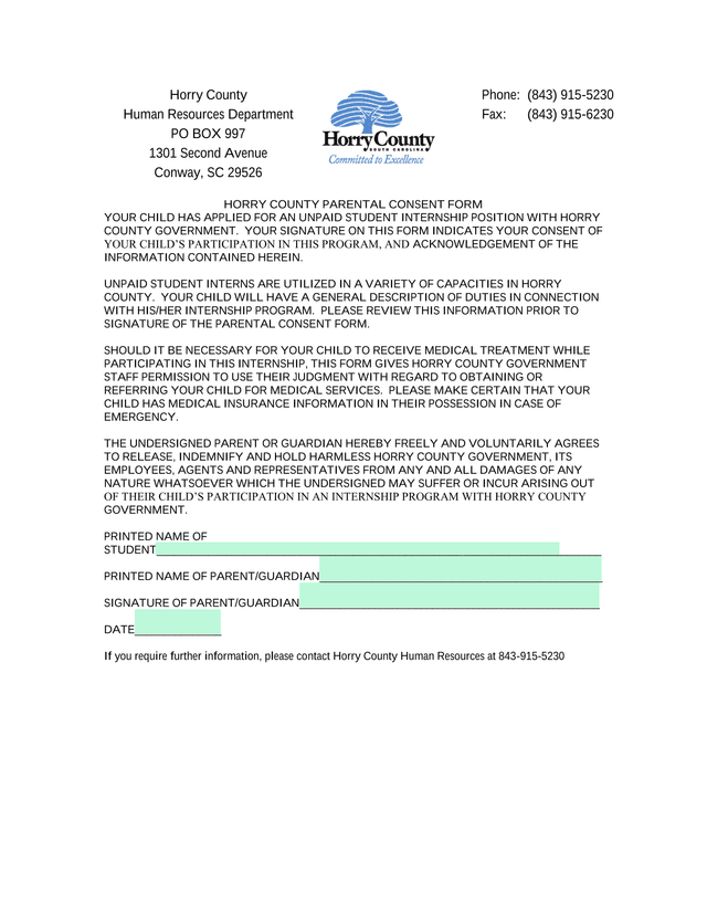 Horry County Parental Consent Form screenshot