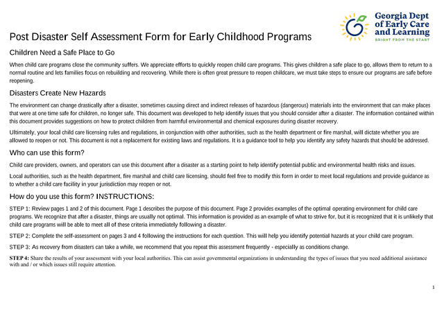 Post Disaster Self Assessment Form For Early Childhood Programs screenshot