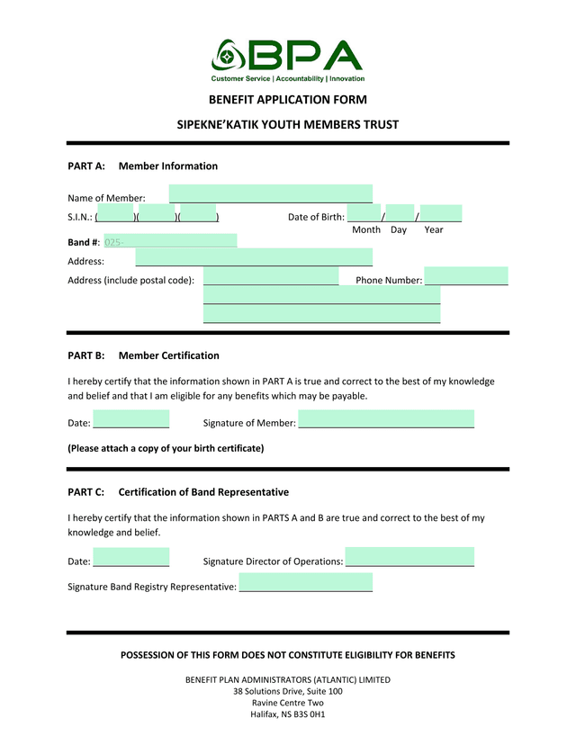 Benefit Application Form screenshot