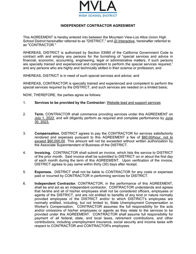 Independent Contractor Agreement screenshot