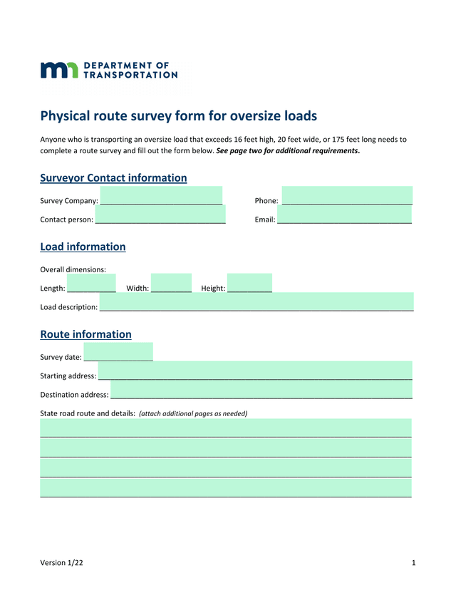 Physical Route Survey Form For Oversize Loads screenshot