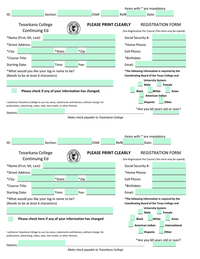 Texarkana College Registration Form screenshot