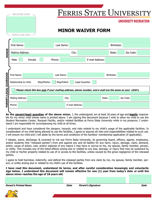 Minor Waiver Form screenshot