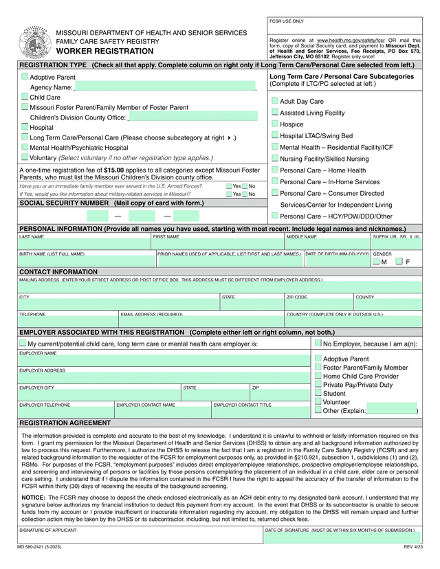 MISSOURI DEPARTMENT OF HEALTH AND SENIOR SERVICES FAMILY CARE SAFETY REGISTRY WORKER REGISTRATION screenshot