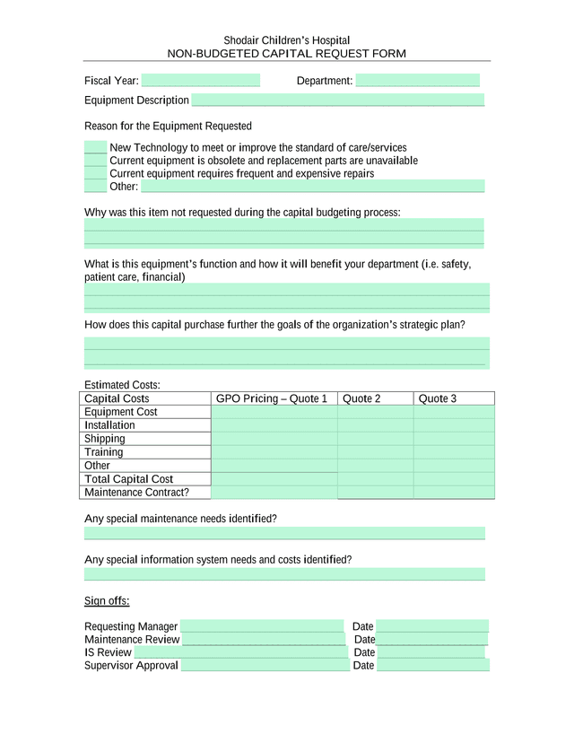 Non Budgeted Capital Request Form screenshot