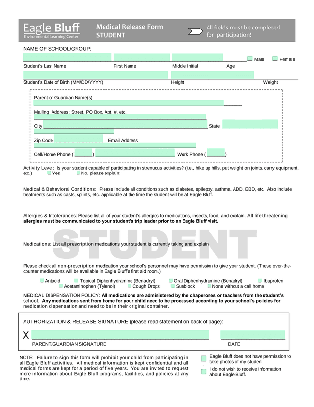 Eagle Bluff Student Medical Information And Permission Form screenshot
