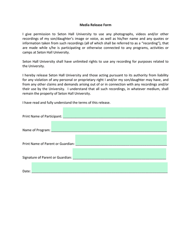 Media Release Form screenshot