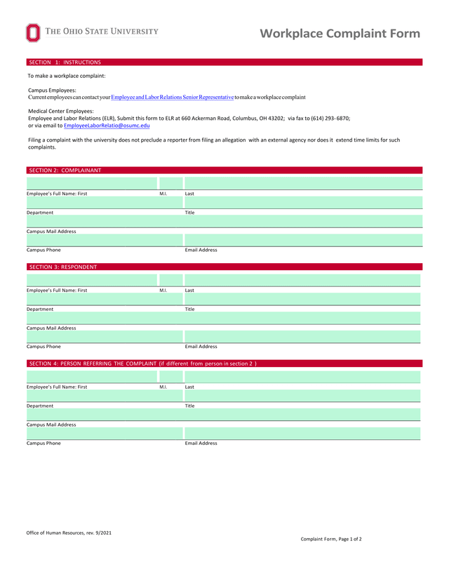 Workplace Complaint Form screenshot