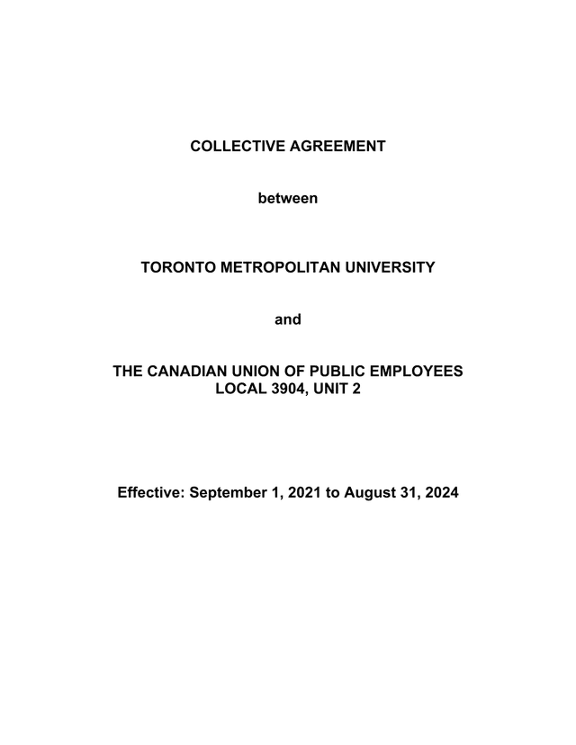 Collective Agreement Between Toronto Metropolitan University And CUPE Local 3904 Unit 2 screenshot