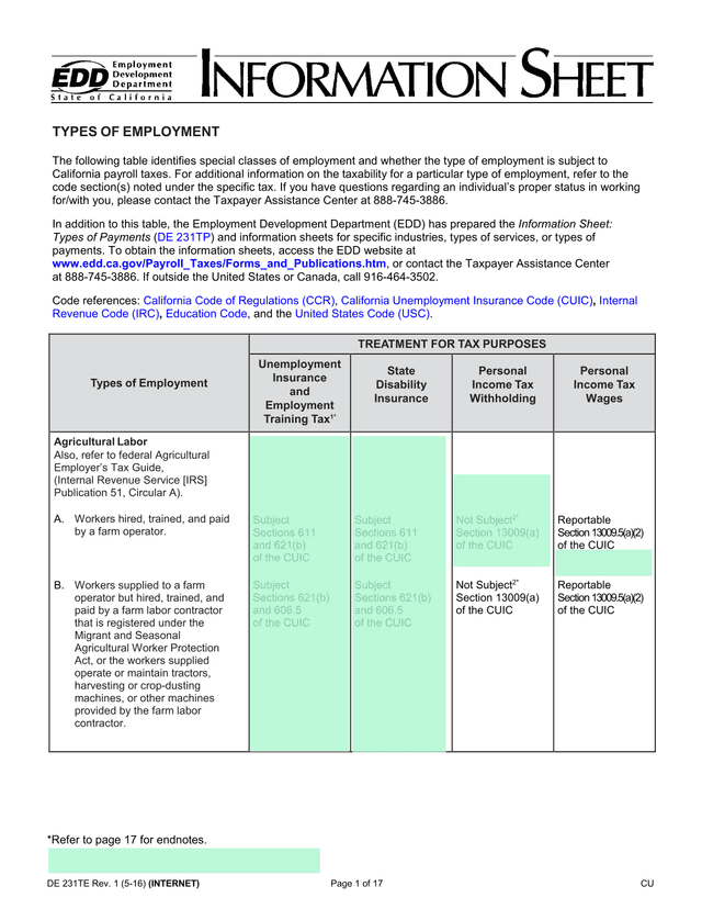 DE 231TE Rev. 1   Types Of Employment screenshot