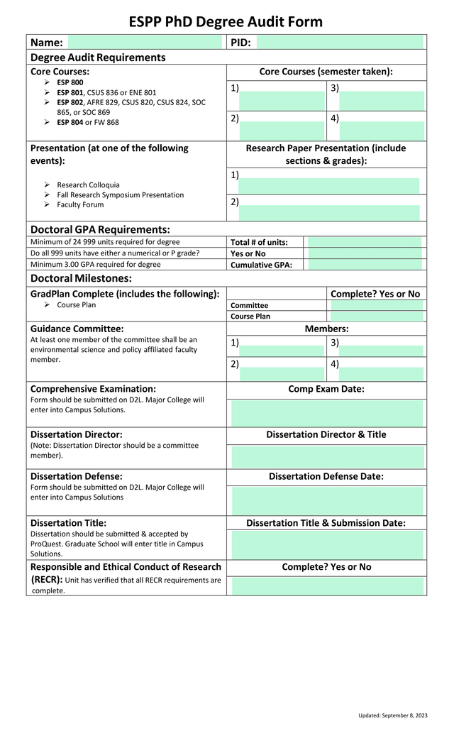 ESPP PhD Degree Audit Form screenshot