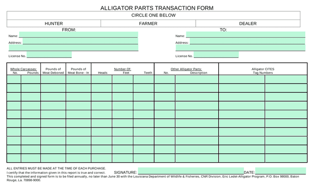 Alligator Parts Transaction Form screenshot