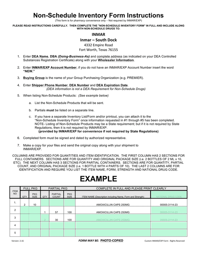 Non Schedule Inventory Form screenshot