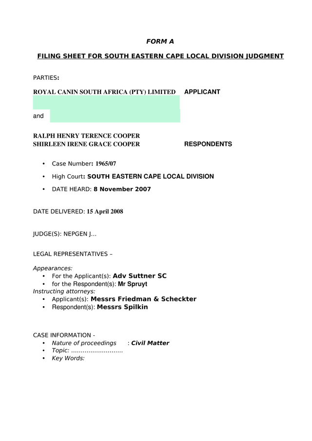 FORM A   FILING SHEET FOR SOUTH EASTERN CAPE LOCAL DIVISION JUDGMENT screenshot