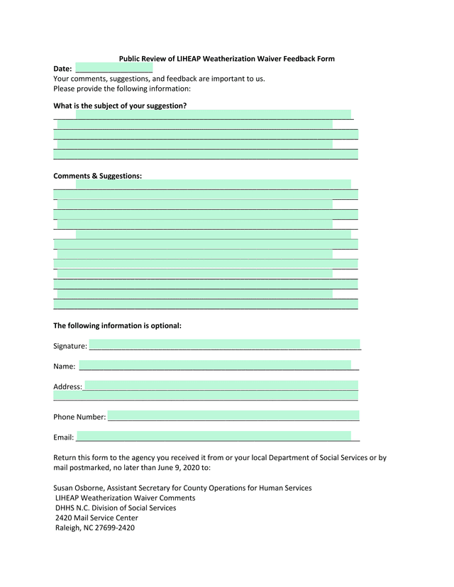 Public Review Of LIHEAP Weatherization Waiver Feedback Form screenshot