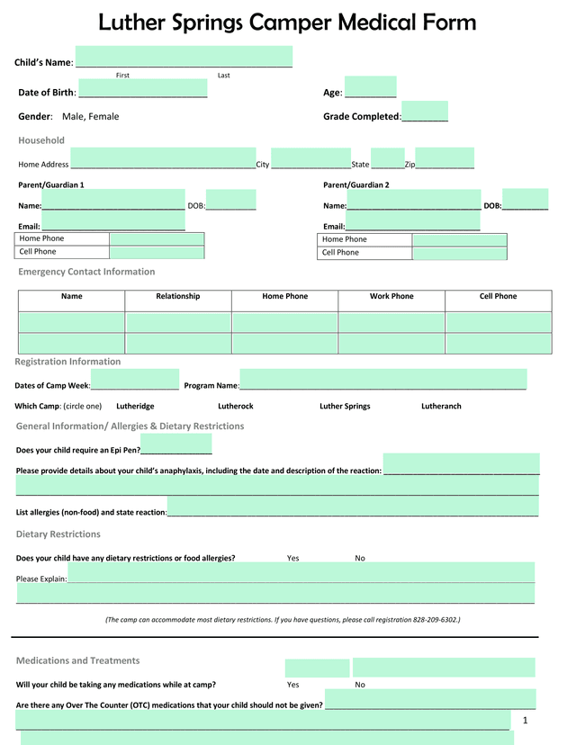 Luther Springs Camper Medical Form screenshot
