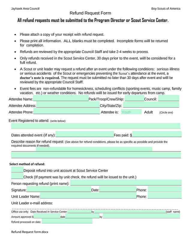 Refund Request Form screenshot