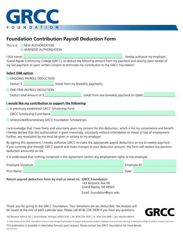 Foundation Contribution Payroll Deduction Form screenshot