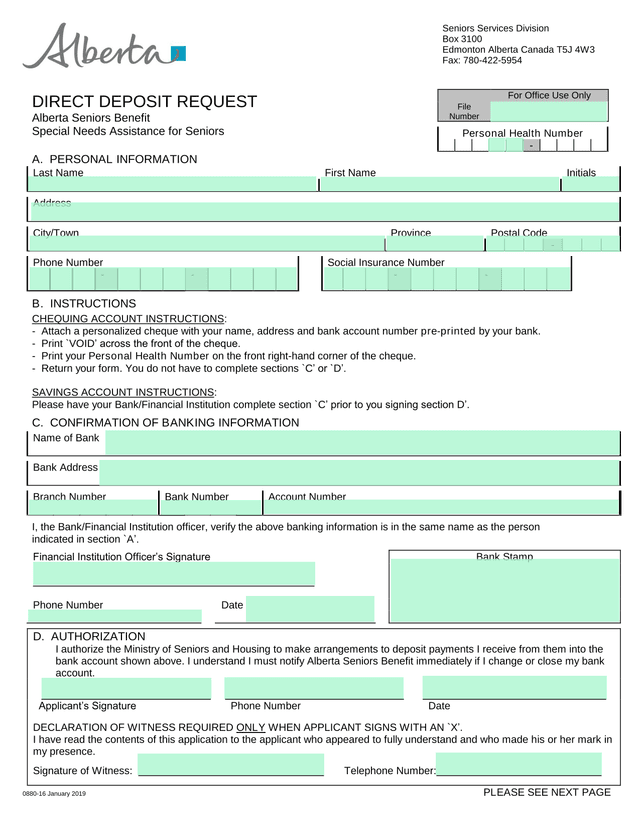 Direct Deposit Request   Alberta Seniors Benefit screenshot