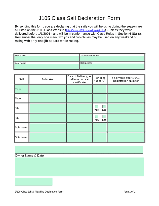 J105 Class Sail  Floatline Declaration Form screenshot
