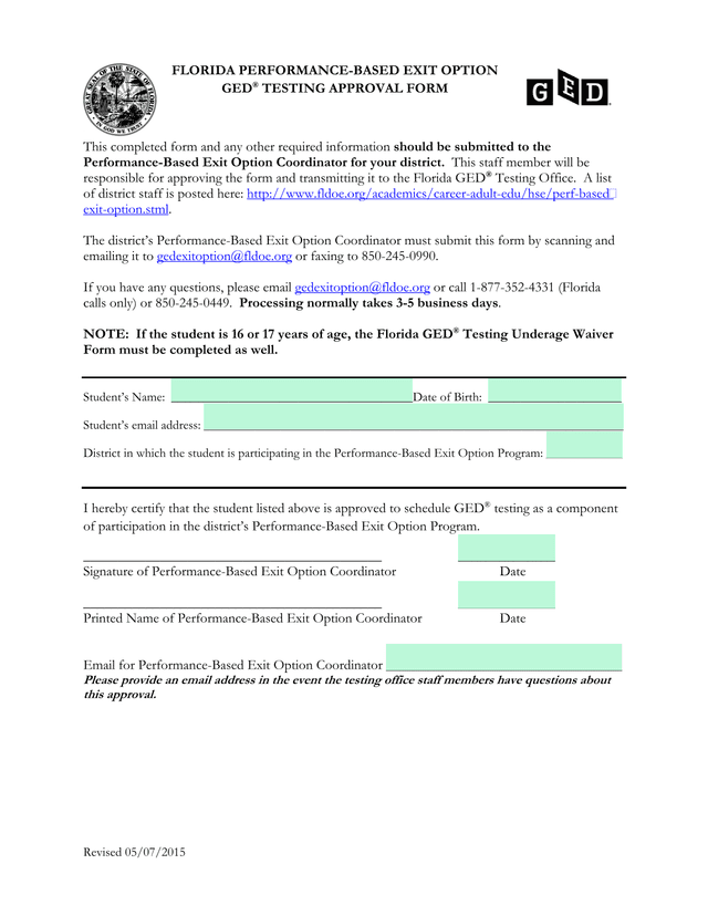 Florida Performance Based Exit Option GED Testing Approval Form screenshot