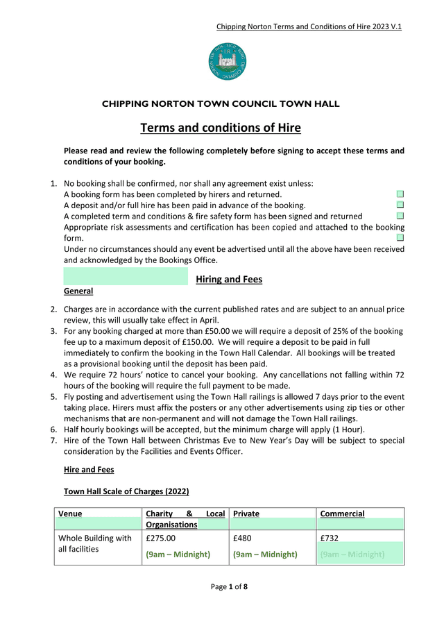 Chipping Norton Terms And Conditions Of Hire 2023 V.1 screenshot