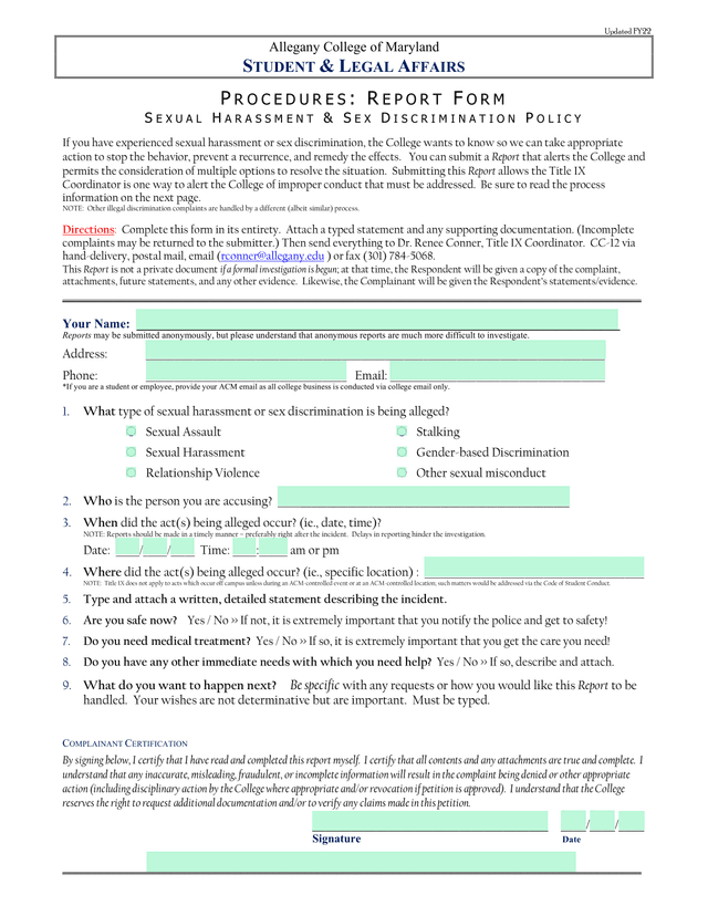 Sexual Harassment  Sex Discrimination Report Form screenshot