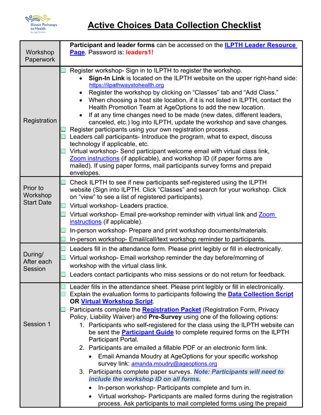 Active Choices Data Collection Checklist screenshot