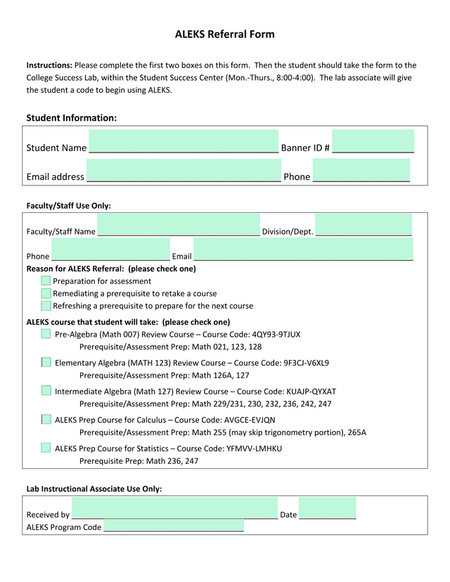 ALEKS Referral Form screenshot
