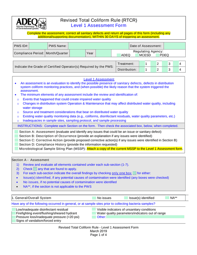 Revised Total Coliform Rule   Level 1 Assessment Form screenshot