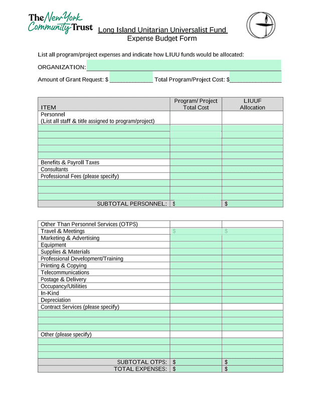 Long Island Unitarian Universalist Fund Expense Budget Form screenshot